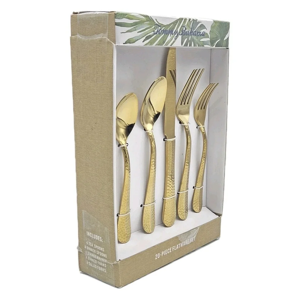 Tommy Bahama 20-Piece Hammered Gold‎ Stainless Steel Flatware Set Made in India